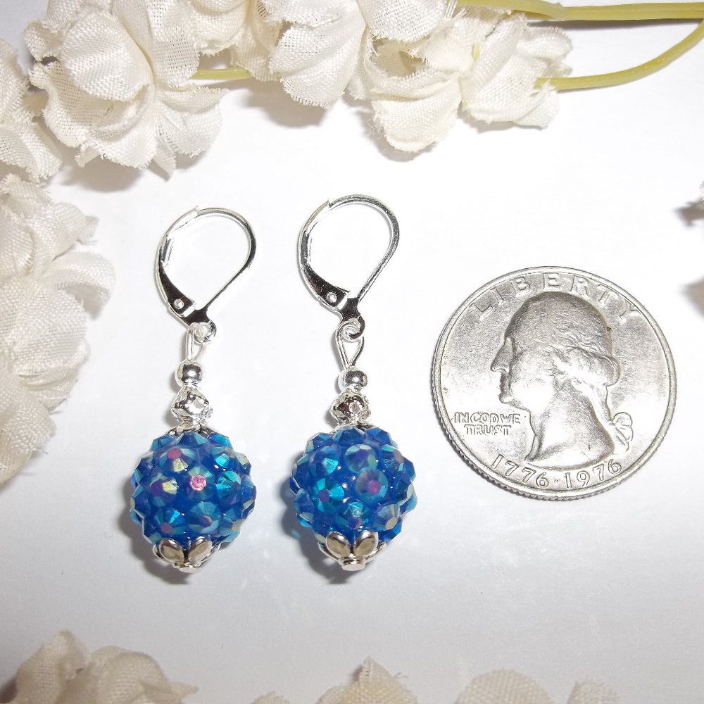 Sparkly Blue Pave Beaded Earrings Aurora Borealis Earring Set Pair Earring 4987 - Picture 7 of 8